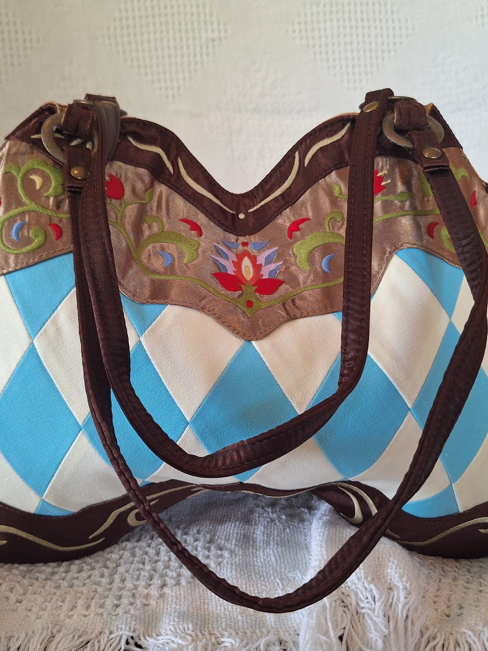 Vintage 1990s Papillon (Akihiro Domen) silk shoulder bag  blue-and-cream